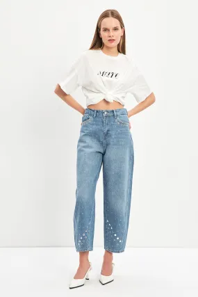 Setre High Waist Stone Detailed Jeans Blue