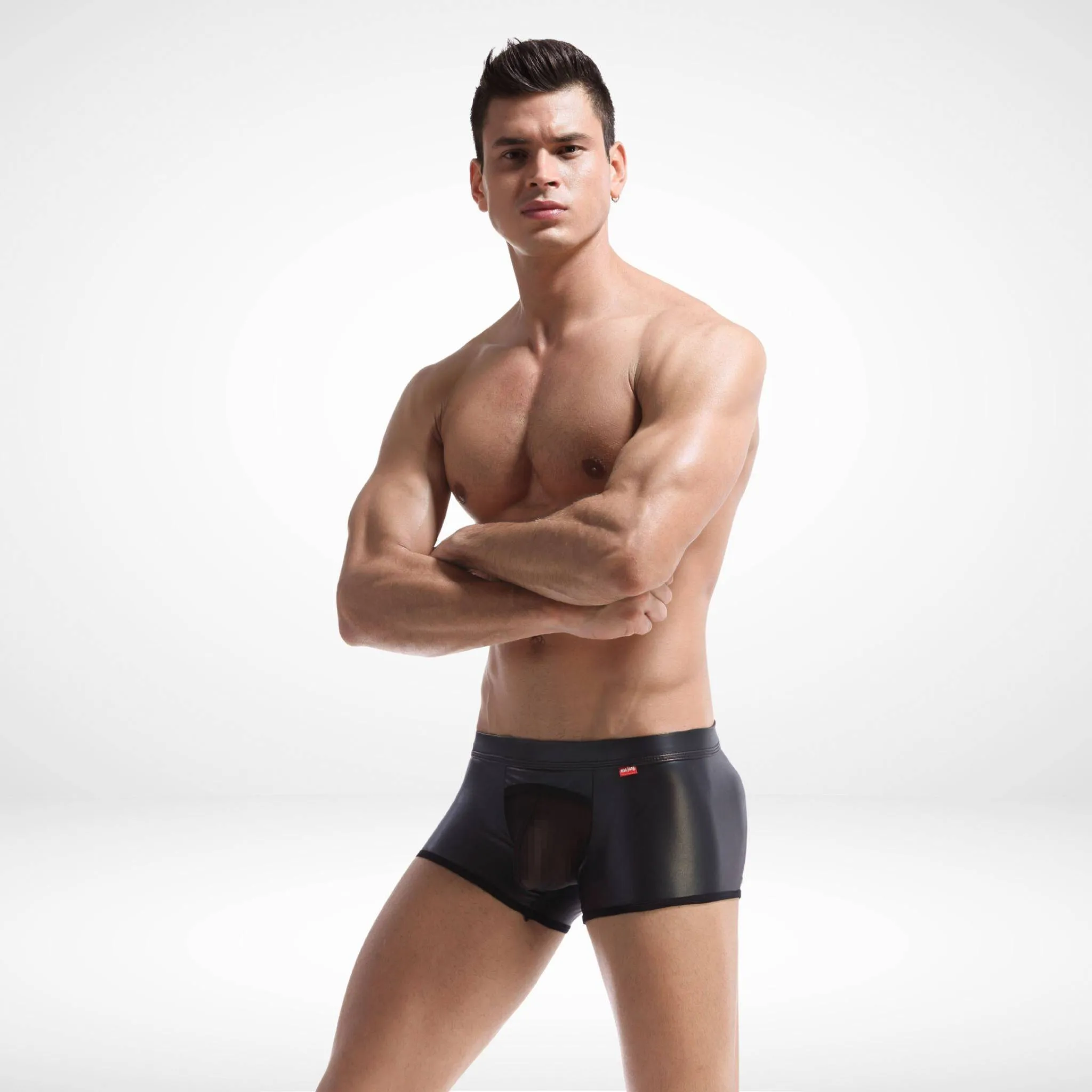 Sheer Front Faux Leather Boxer Briefs