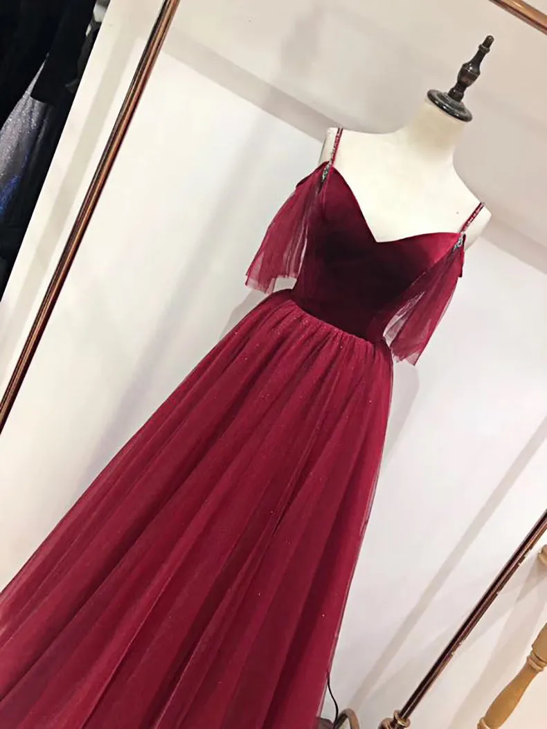 Spaghetti Straps Flowy Burgundy Long A-line Simple Princess Prom Dresses