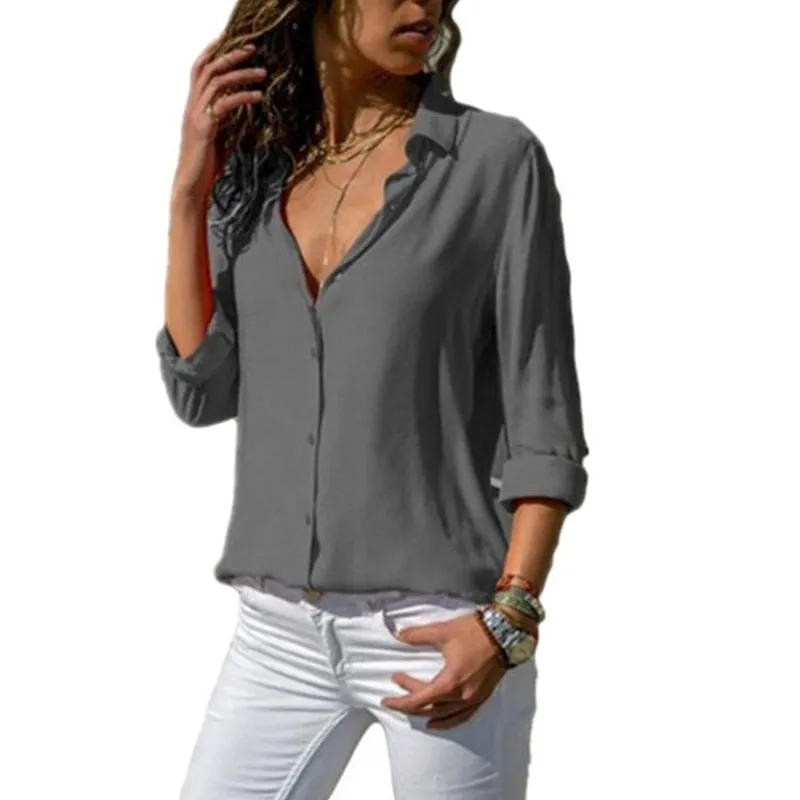 Spring Summer Elegant Long Sleeve Solid V-Neck Chiffon Blouse