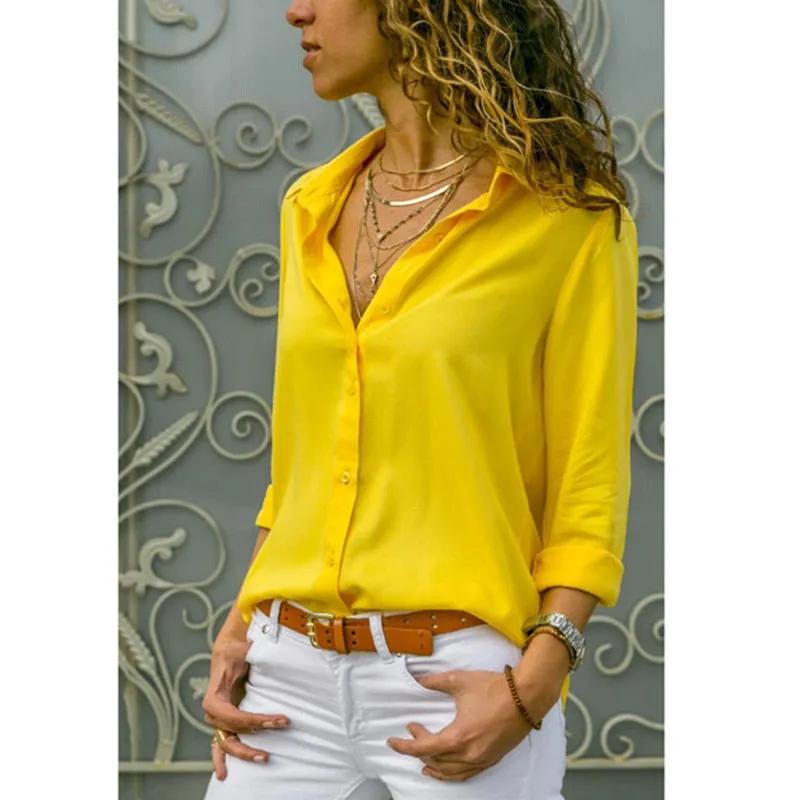 Spring Summer Elegant Long Sleeve Solid V-Neck Chiffon Blouse