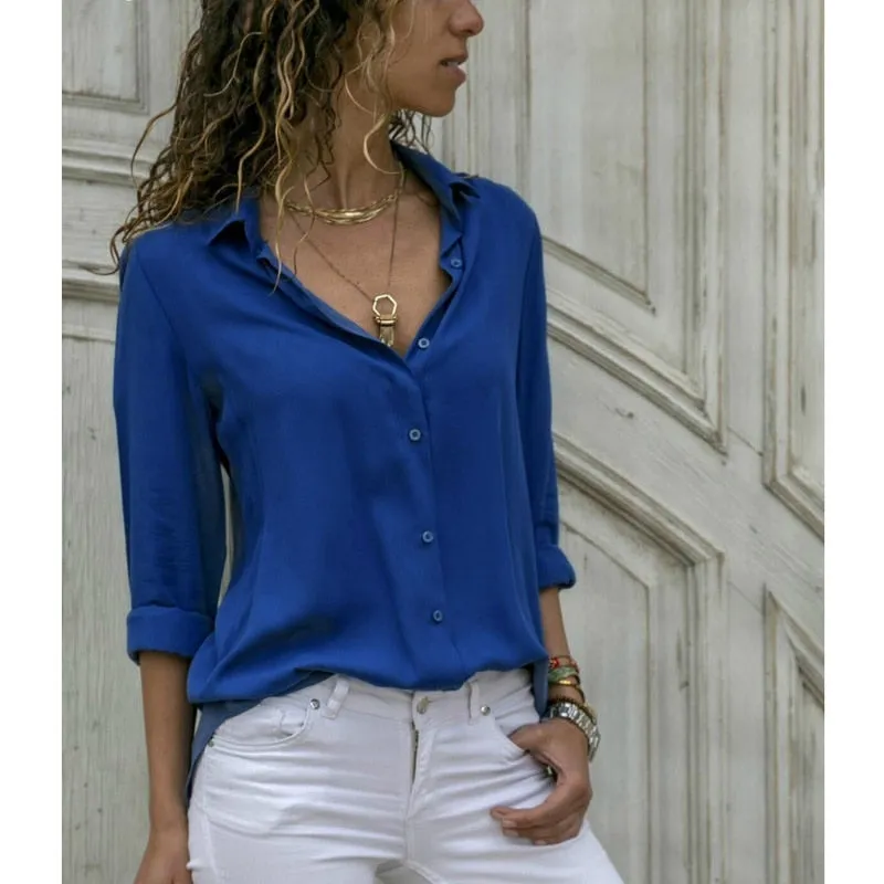 Spring Summer Elegant Long Sleeve Solid V-Neck Chiffon Blouse