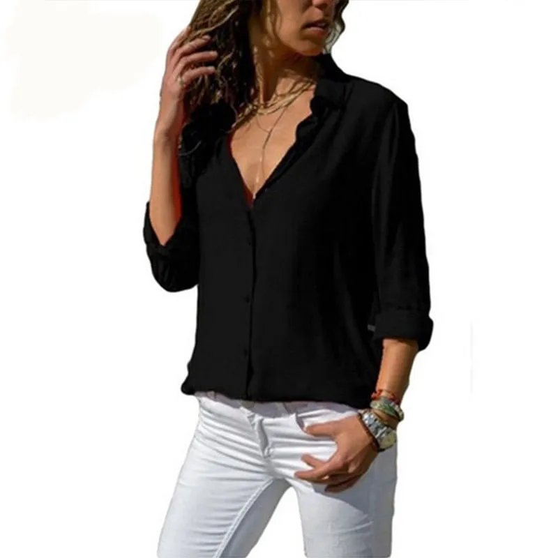 Spring Summer Elegant Long Sleeve Solid V-Neck Chiffon Blouse