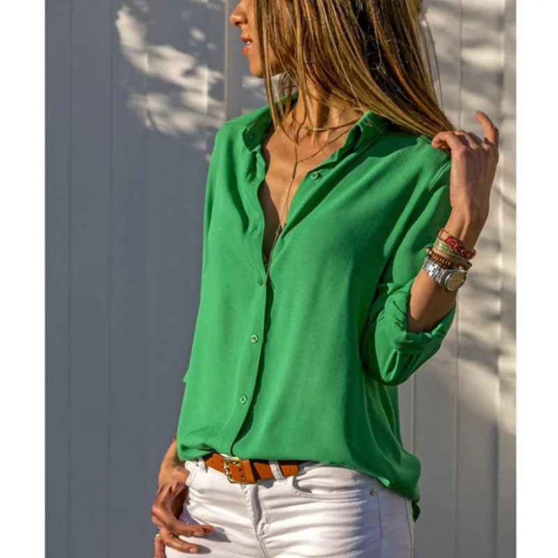 Spring Summer Elegant Long Sleeve Solid V-Neck Chiffon Blouse