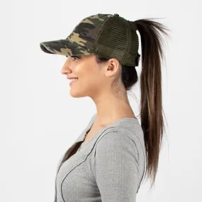 Stephanie Mesh Back Distressed Camo Ponytail Cap