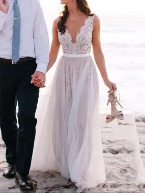 Summer Beach Lace Top Boho Wedding Dress with V Back