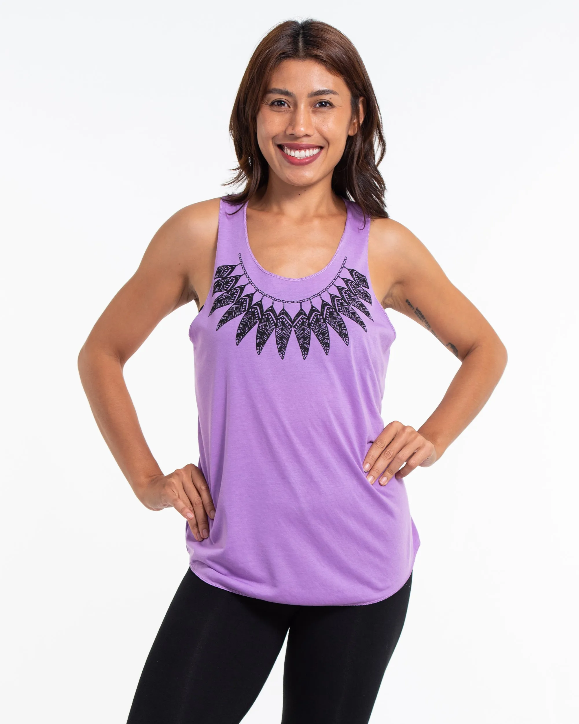 Super Soft Cotton Womens Feather Necklace Tank Top in Violet