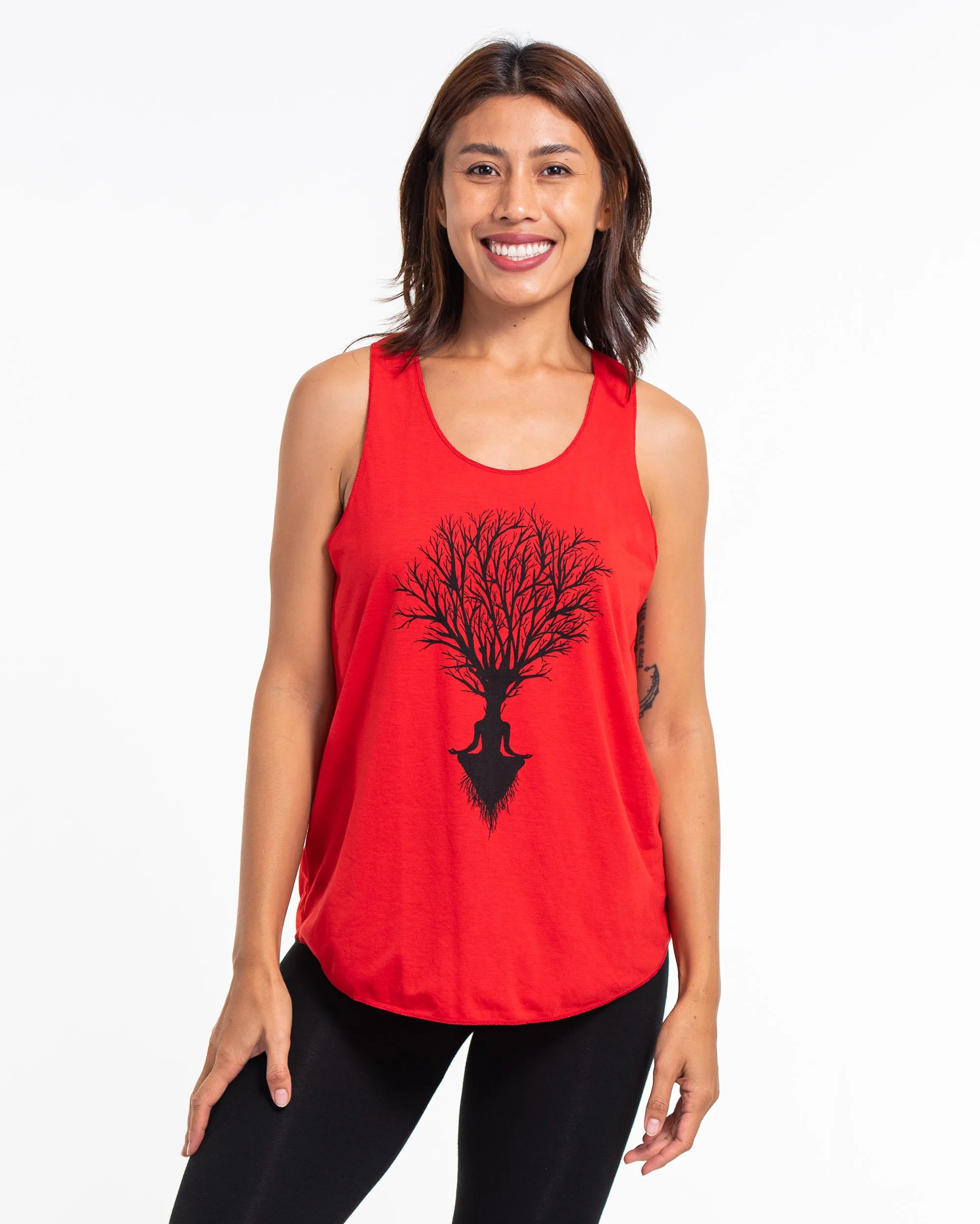 Super Soft Cotton Womens Meditation Tree Tank Top in Red