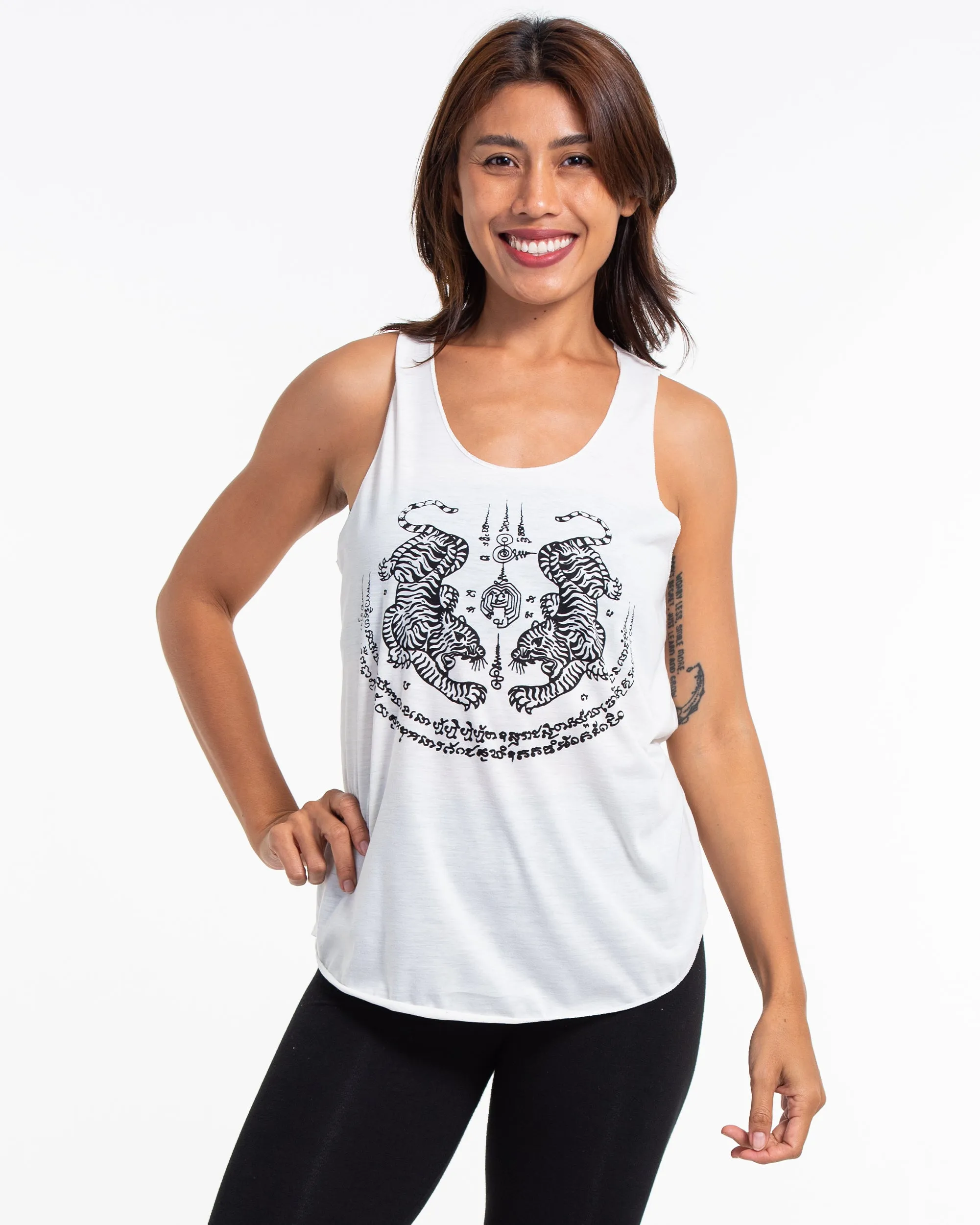 Super Soft Cotton Womens Tiger Tattoo Tank Top in White