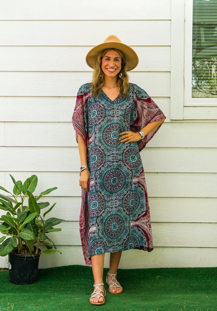 Teal Burgundy Mandala Kimono Kaftan Dress