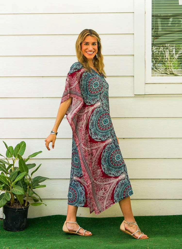 Teal Burgundy Mandala Kimono Kaftan Dress