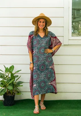 Teal Burgundy Mandala Kimono Kaftan Dress