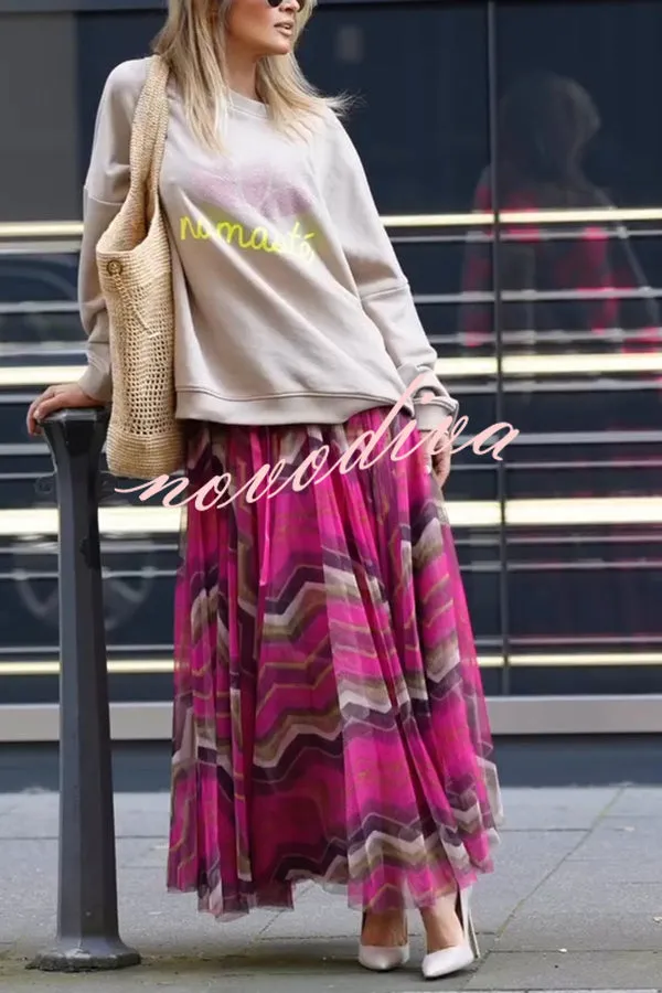 Unique Printed Large Hem Loose Mesh Maxi Skirt