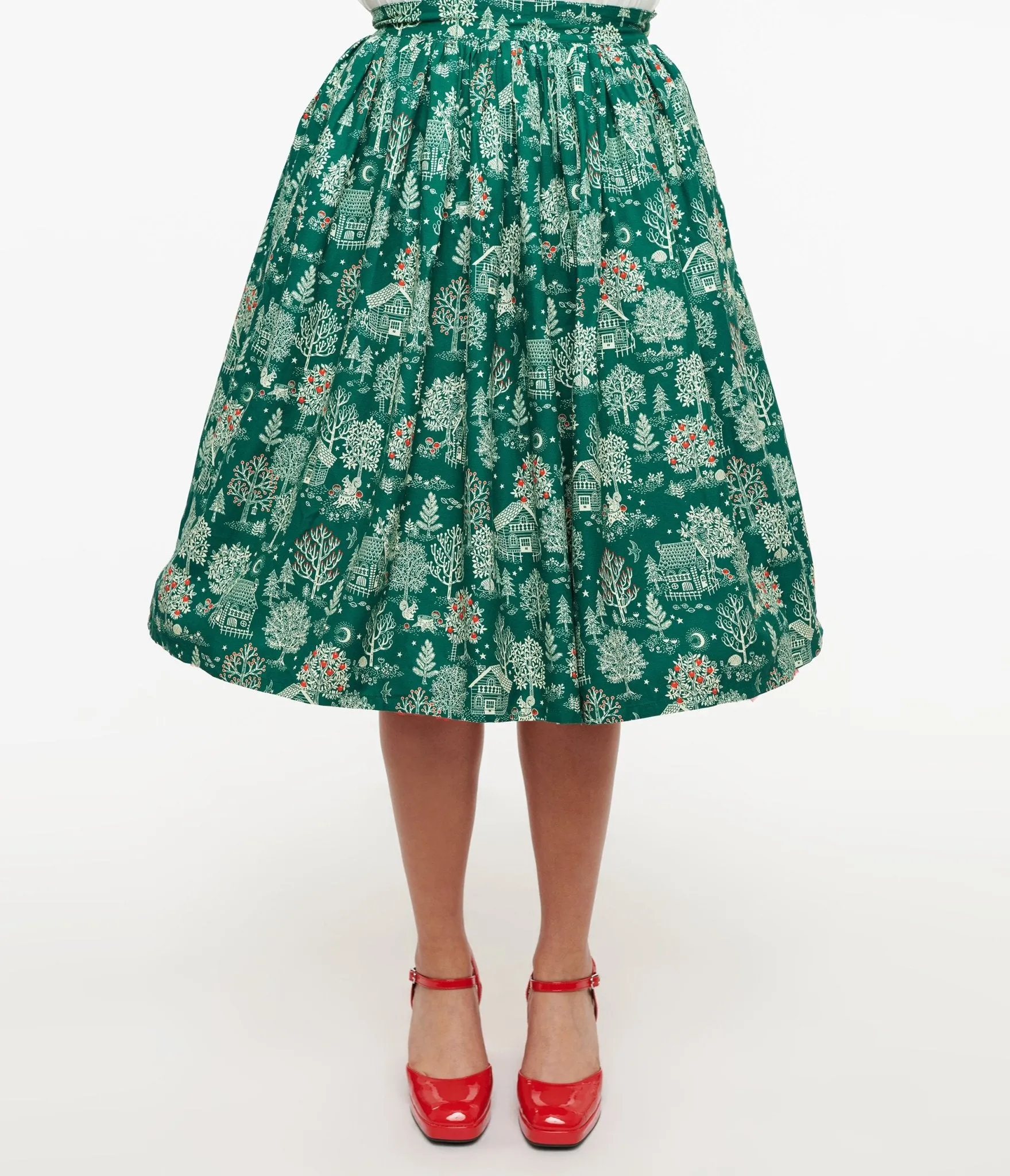 Unique Vintage 1950s Green Winter Print Gellar Swing Skirt