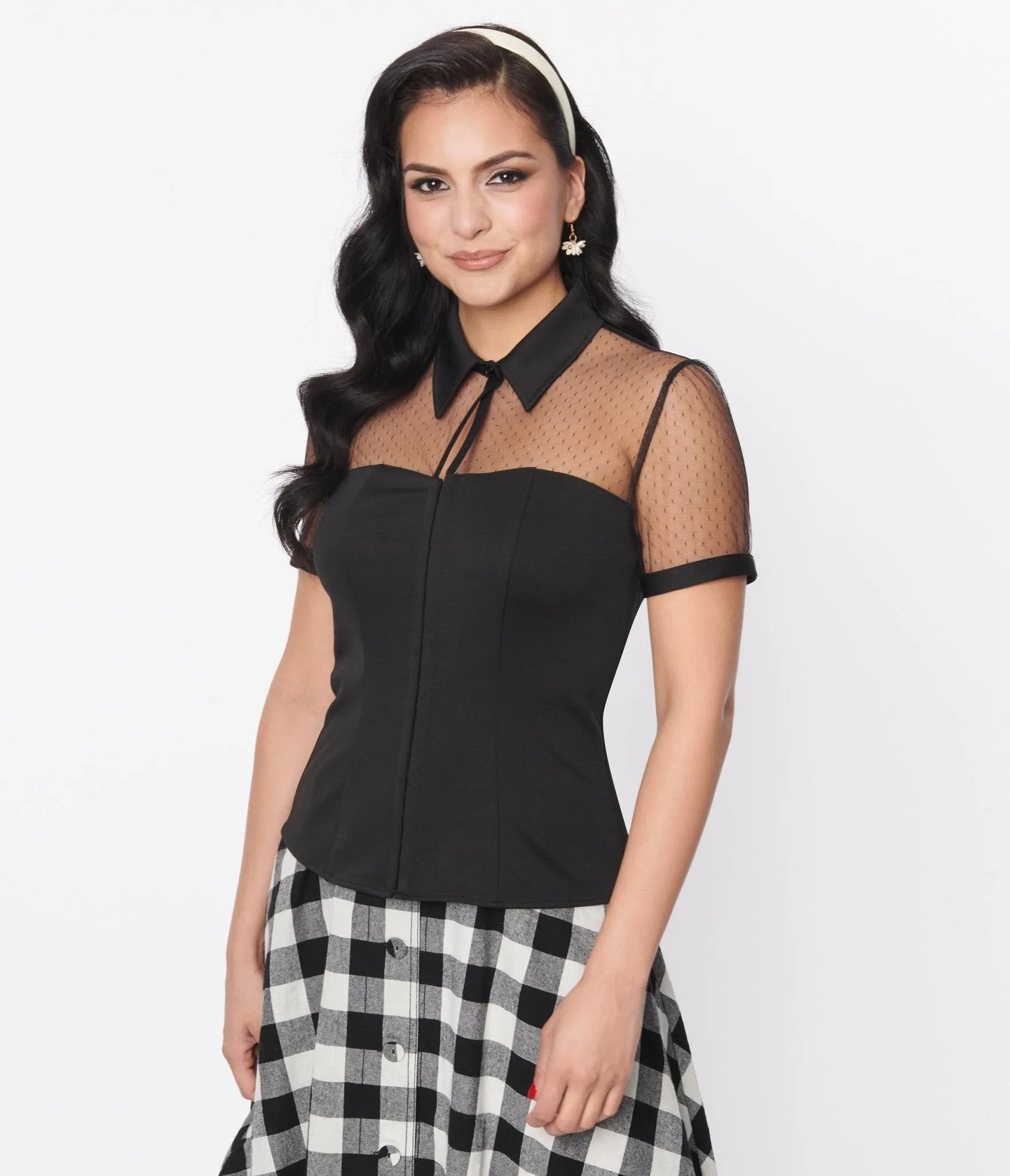 Unique Vintage Black Dot Mesh Sweetheart Top