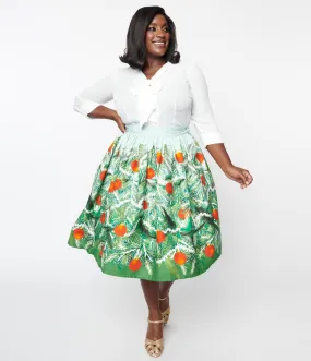 Unique Vintage Plus Size Green Evergreen & Red Ornaments Swing Skirt