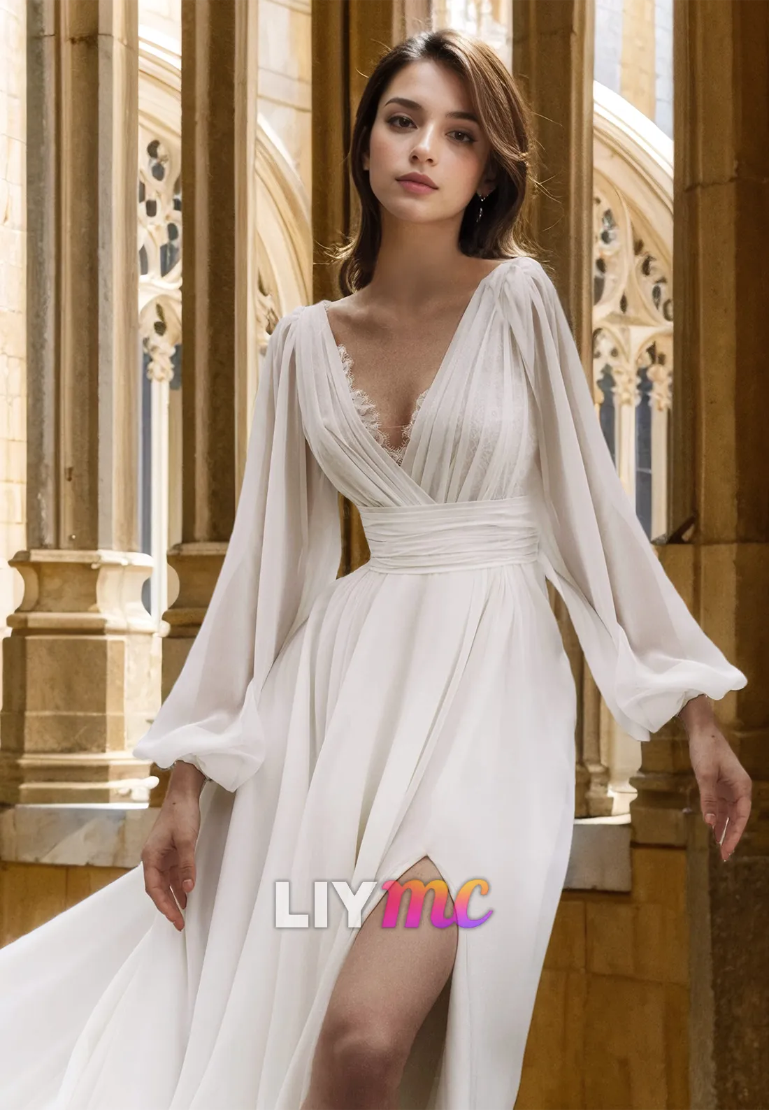 V-Neck Long Sleeves Chiffon Side Slit A-Line Beach Wedding Dress