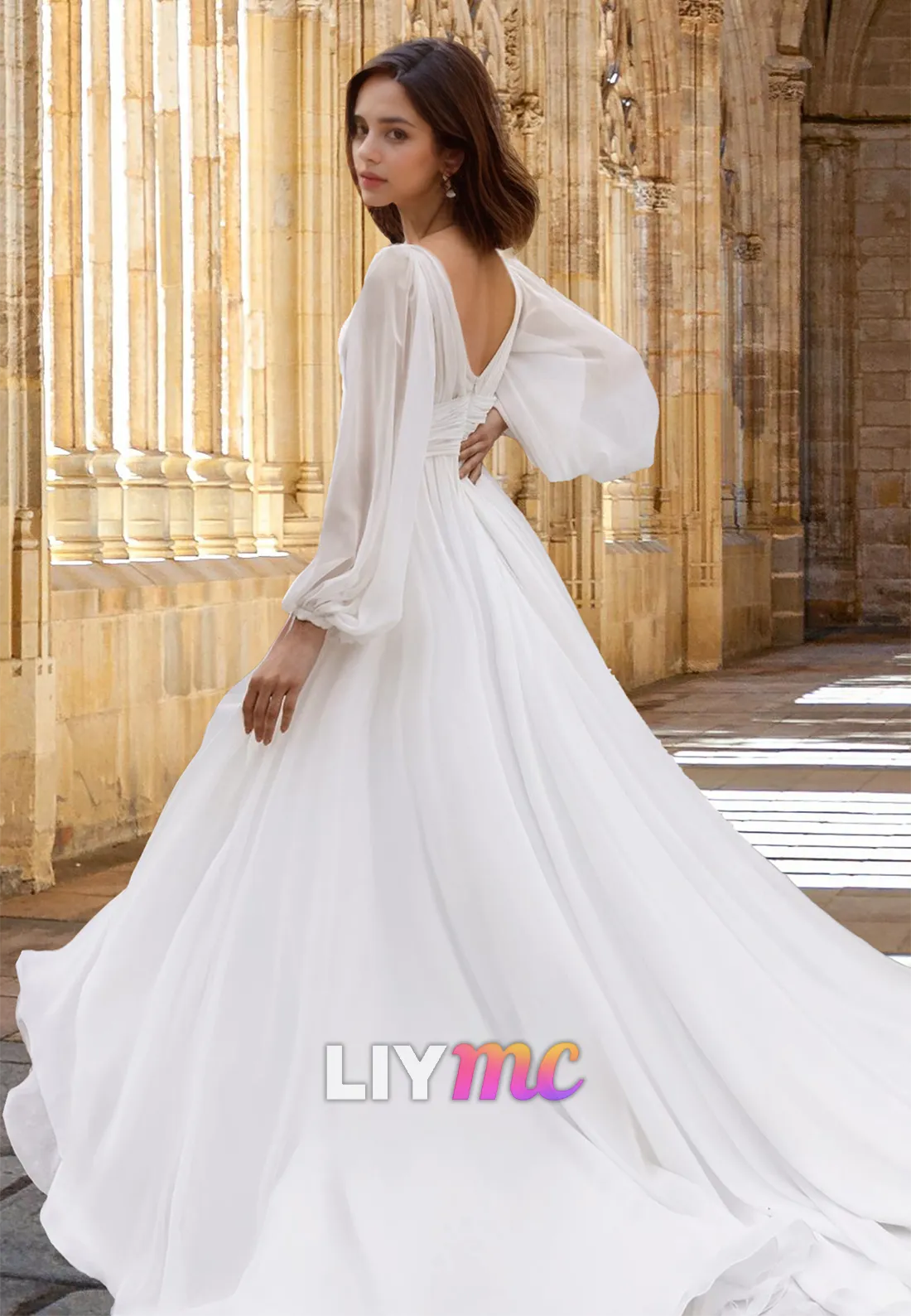 V-Neck Long Sleeves Chiffon Side Slit A-Line Beach Wedding Dress