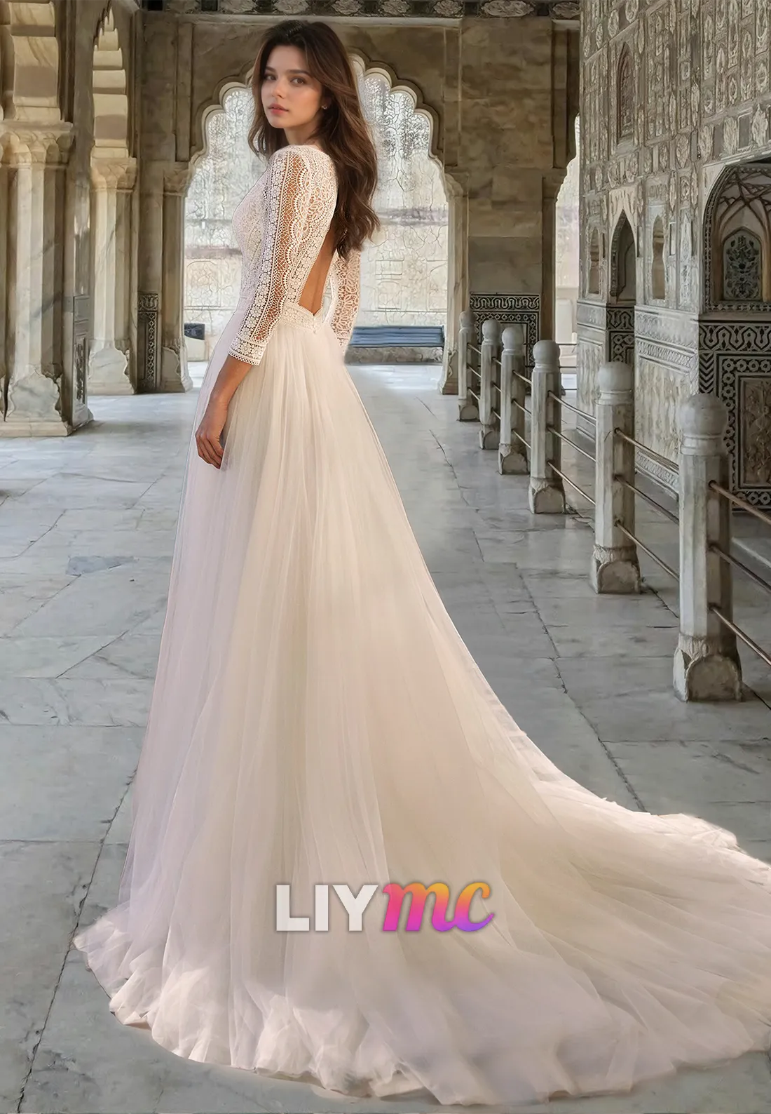 V-Neck Long Sleeves Lace Appliques Tulle A-Line Boho Wedding Dress