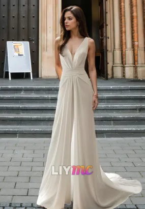 V-Neck Sleeveless Ruched Pleated Beach Wedding Dress