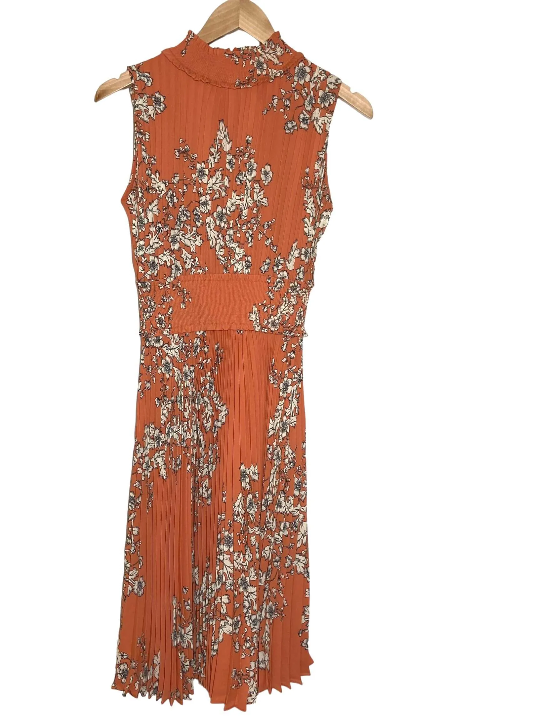 Warm Autumn Burnt Orange Floral Print Pleated Dress