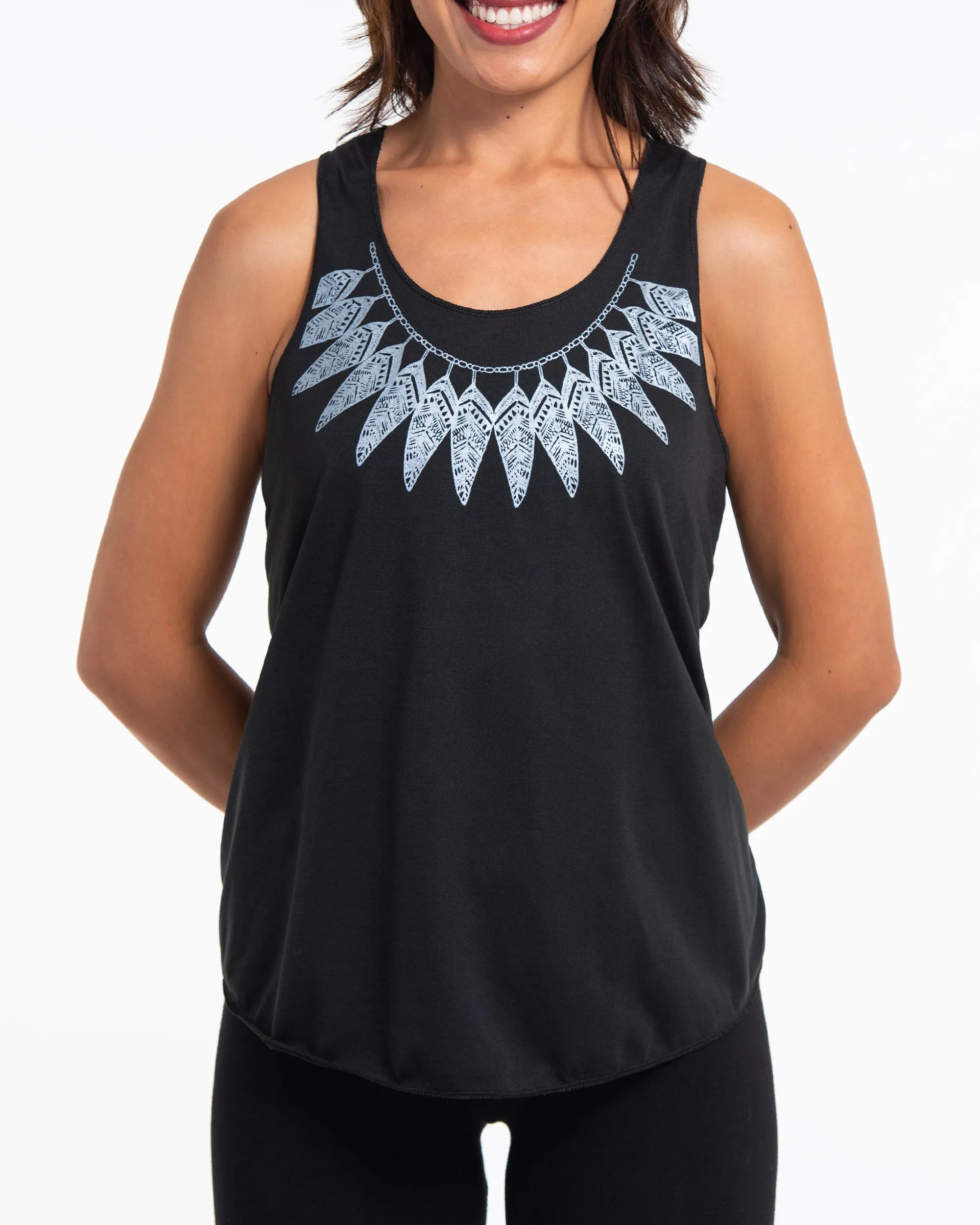 Womens Feather Necklace Tank Top in Black