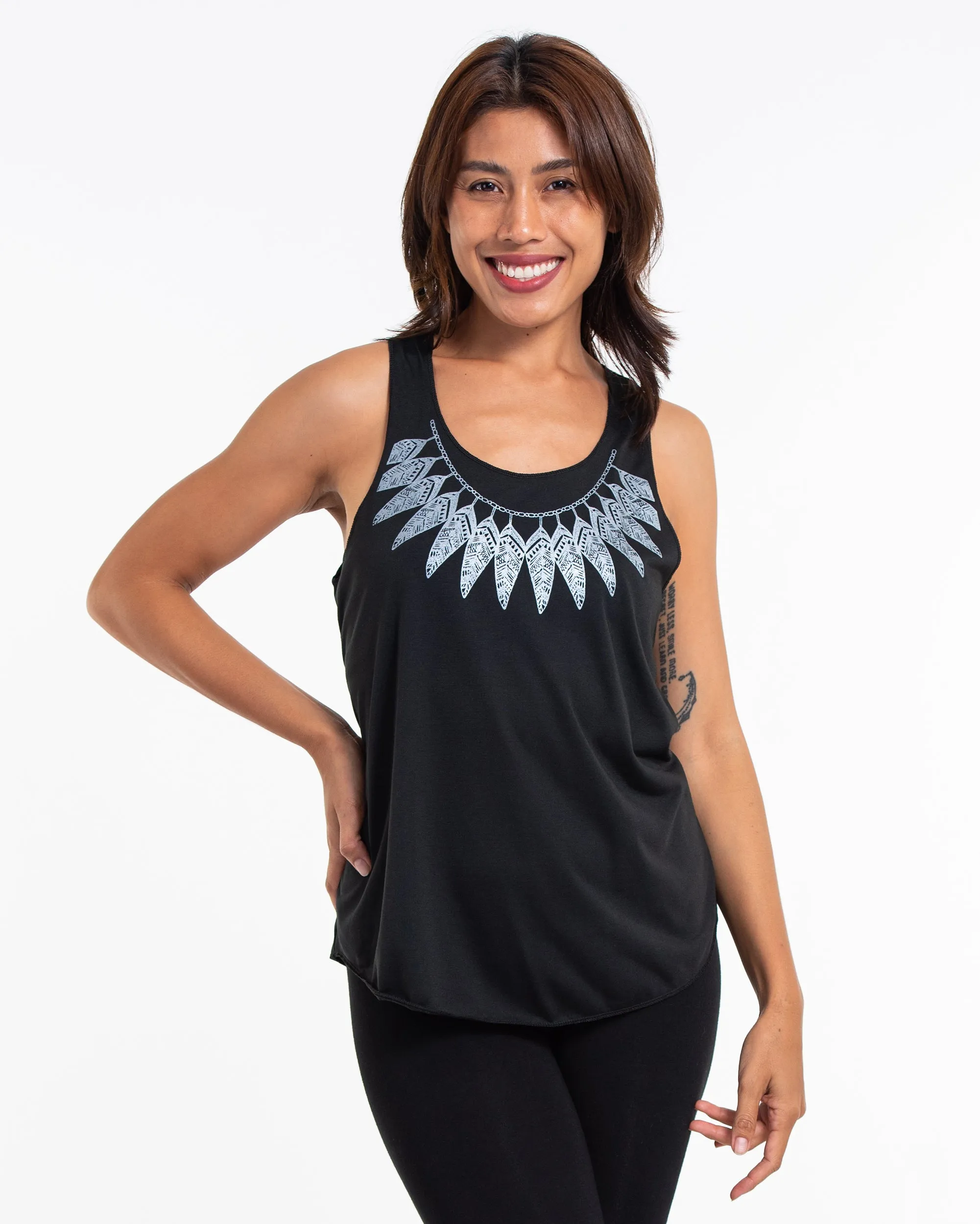 Womens Feather Necklace Tank Top in Black