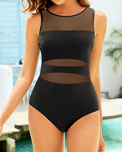 Women's High Neck Mesh One Piece Swimsuits with Open Back Swimwear