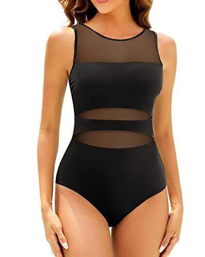 Women's High Neck Mesh One Piece Swimsuits with Open Back Swimwear