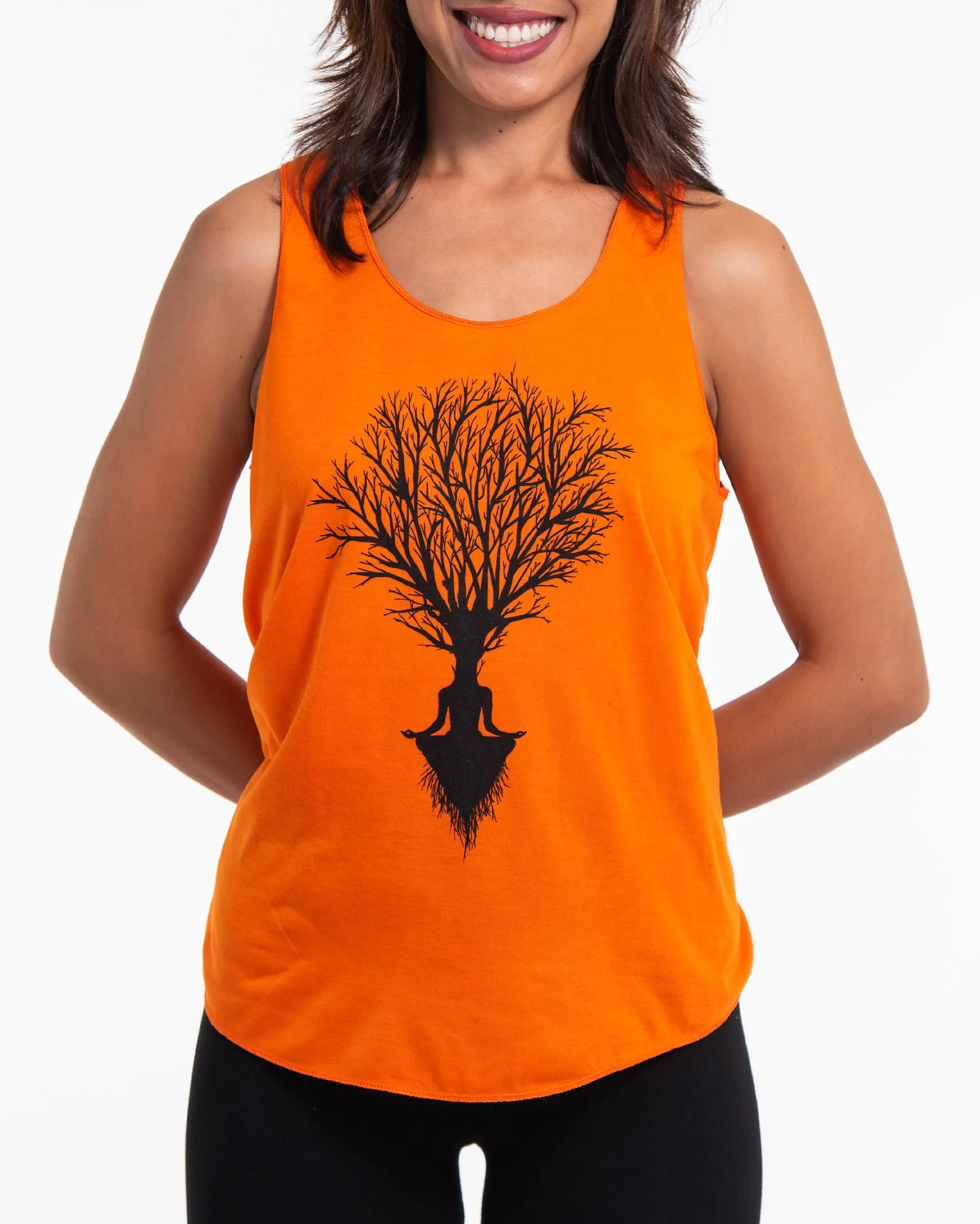 Womens Meditation Tree Tank Top in Orange