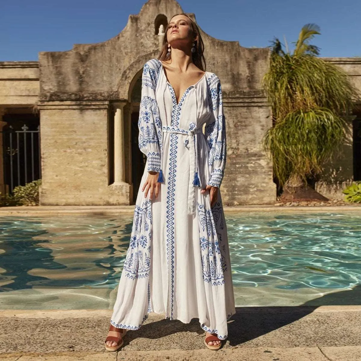 Women's Vintage Boho Beach Hippie Long Sleeve Embroidery Loose Maxi Dress