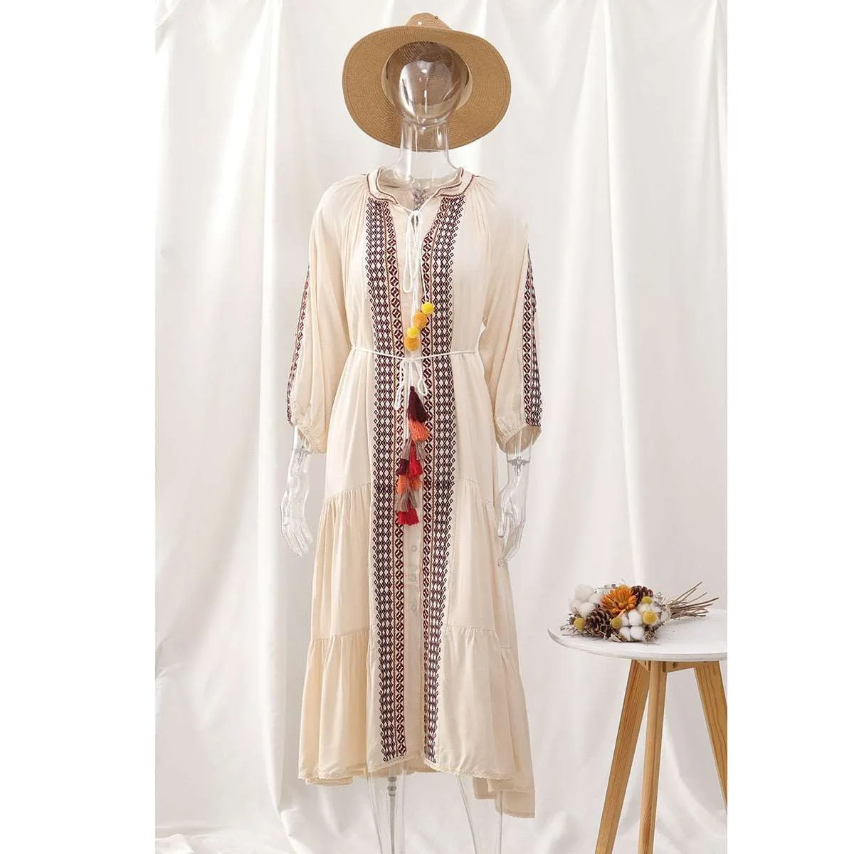 Women's Vintage Boho Beach Hippie Long Sleeve Embroidery Loose Maxi Dress