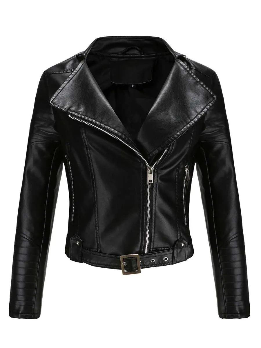 Women's Zippered Lapel Belt Leather Jacket Biker