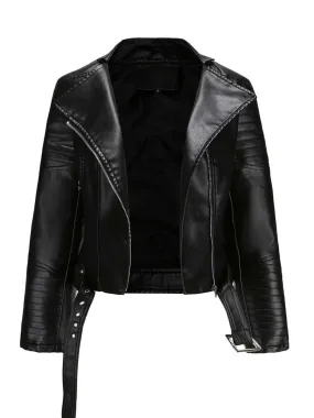 Women's Zippered Lapel Belt Leather Jacket Biker