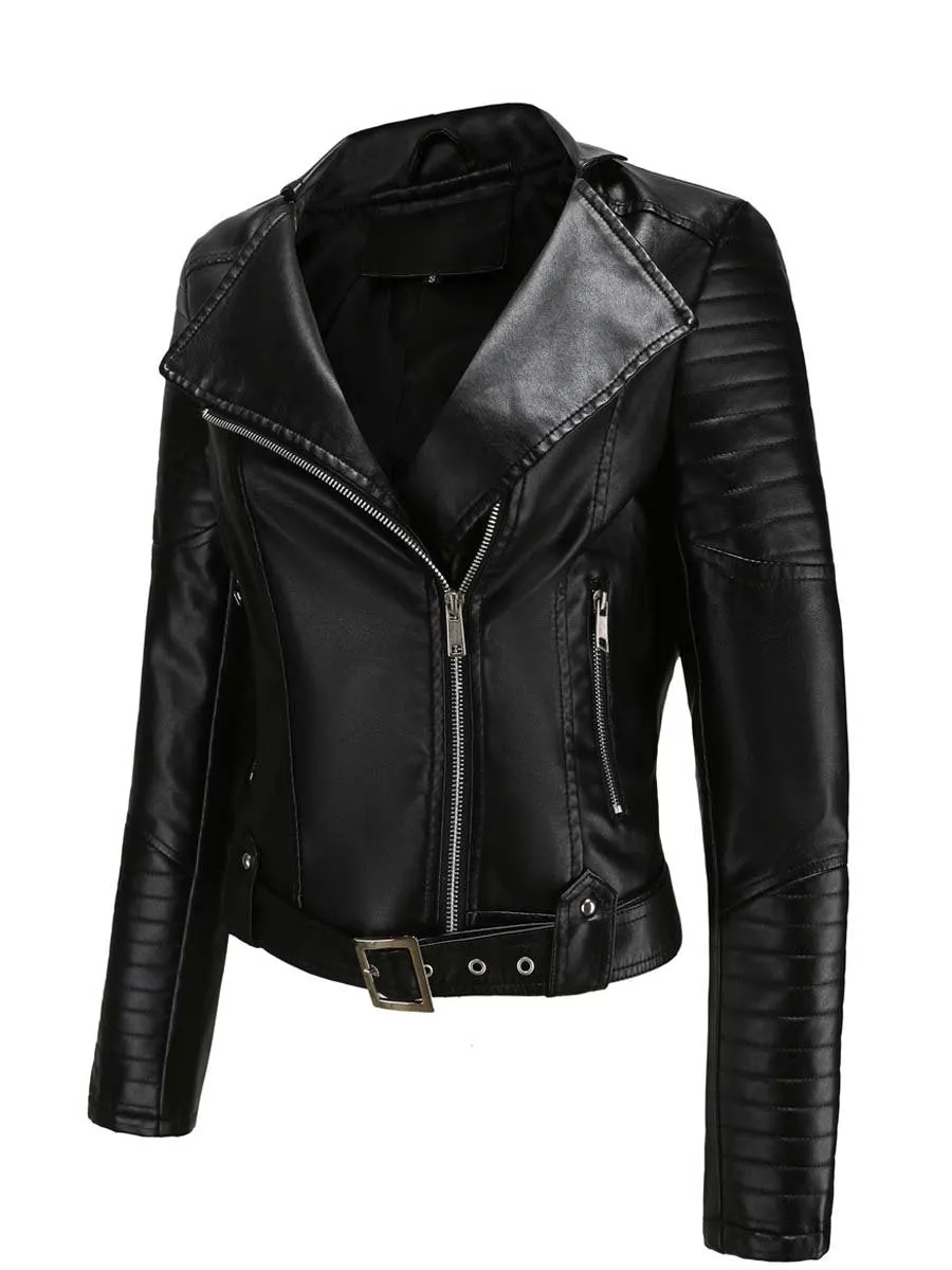 Women's Zippered Lapel Belt Leather Jacket Biker